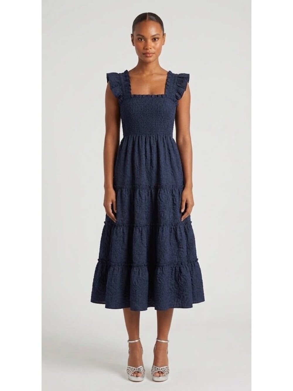 NWT Hill House Ellie Nap in Blue Brocade Smocked Tiered Midi Dress S